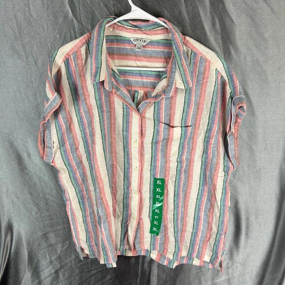 Women Orvis XL Striped Button Down Shirt Short Sleeve Lightweight Casual Blouse - Picture 2 of 9